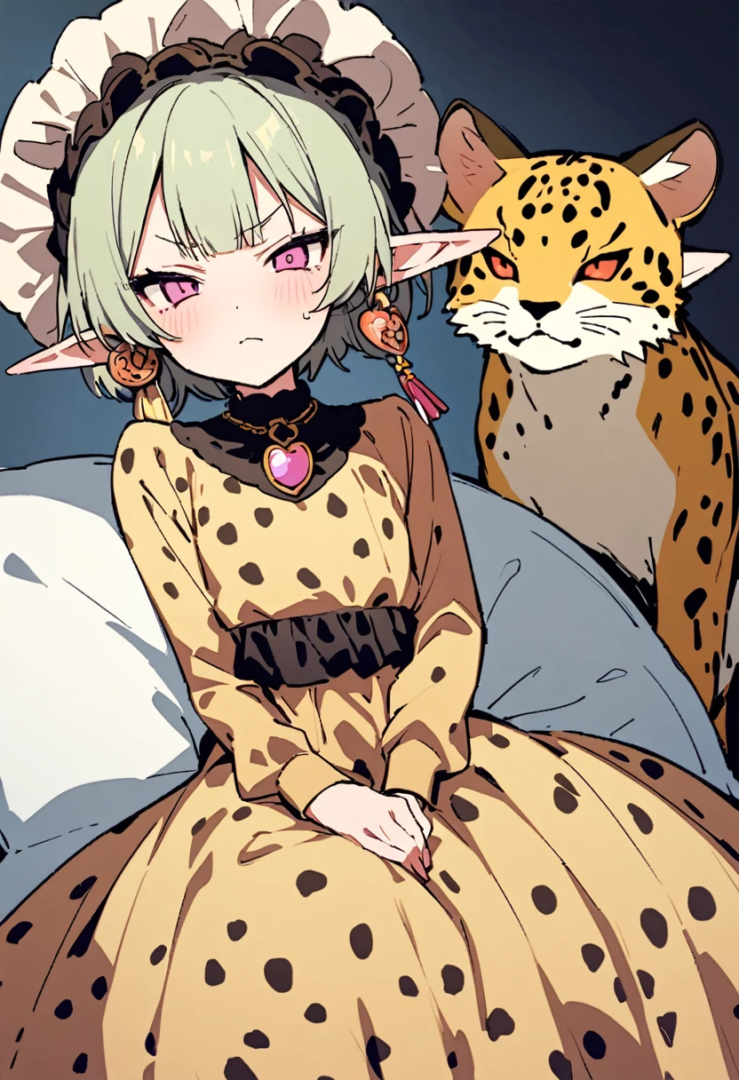 masterpiece, Highest quality, Illustration of the novel, High resolution, 18+ Adult content, Sensual, Intimate, Emotional, Passionate, romantic, sweet, Adorable, Innocent, Pure, charmな, charmな, charm, mysterious, charmな, charmな, Immersive, charmな, dream-like, Surreal, Imaginative, Whimsical, Artistic, Avant-garde, timeless, elegant, Sophisticated, chic, Sophisticated, Personality, original, charmな,((Loli Elf:1.3)),((A look of disgust:1.3))、Upper Body、(A Cheetah/A cheetah/Cheetah Dress:1.3)
