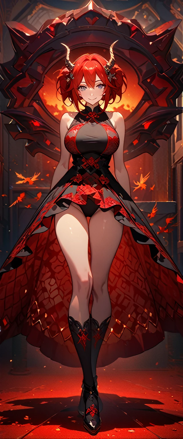 masterpiece, best quality, 8k ,4k , 1girl, teenage girl, dragon girl, red hair, gray eyes, big boobs, slender waist, small waist,  small thigh, horn, hair ornament, finely detailed eyes and detailed face, looking at viewer, Black sleeveless top, gradually  embroidery skirt, skirt to the knee, majestic looks, smiling gently, Lace dress, patterned clothes, red scale scattered pattern clothes, meticulous clothes, revealing clothes, mature clothes, majestic looks, smiling gently, small bird, full body, artist : ask, art style : ask