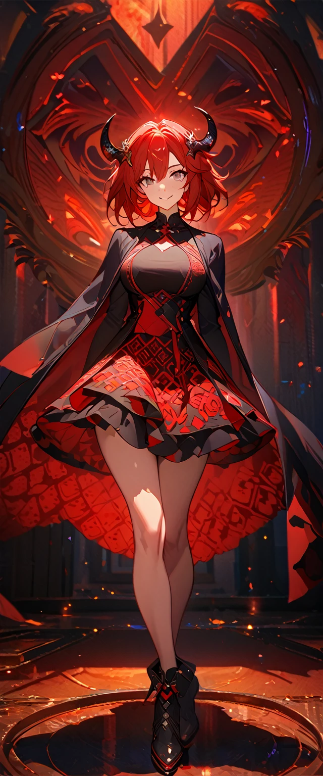 masterpiece, best quality, 8k ,4k , 1girl, teenage girl, dragon girl, red hair, gray eyes, big boobs, slender waist, small waist, small thigh, horn, hair ornament, finely detailed eyes and detailed face, looking at viewer, Black sleeveless top, gradually transparent embroidery skirt, skirt to the knee, majestic looks, smiling gently, Lace dress, patterned clothes, red scale scattered pattern clothes, meticulous clothes, revealing clothes, mature clothes, majestic looks, smiling gently, small bird, full body, artist : ask, art style : ask