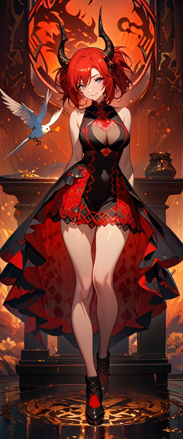 masterpiece, best quality, 8k ,4k , 1girl, teenage girl, dragon girl, red hair, gray eyes, big boobs, slender waist, small waist,  small thigh, horn, hair ornament, finely detailed eyes and detailed face, looking at viewer, Black sleeveless top, gradually transparent embroidery skirt, skirt to the knee, majestic looks, smiling gently, Lace dress, patterned clothes, red scale scattered pattern clothes, meticulous clothes, revealing clothes, mature clothes, majestic looks, smiling gently, small bird, full body, artist : ask, art style : ask