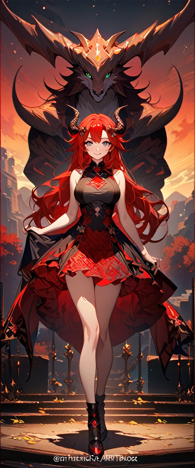 masterpiece, best quality, 8k ,4k , 1girl, teenage girl, dragon girl, red hair, gray eyes, big boobs, slender waist, small waist, small thigh, horn, hair ornament, finely detailed eyes and detailed face, looking at viewer, Black sleeveless top, gradually transparent embroidery skirt, skirt to the knee, majestic looks, smiling gently, Lace dress, patterned clothes, red scale scattered pattern clothes, meticulous clothes, revealing clothes, mature clothes, majestic looks, smiling gently, small bird, full body, artist : ask, art style : ask