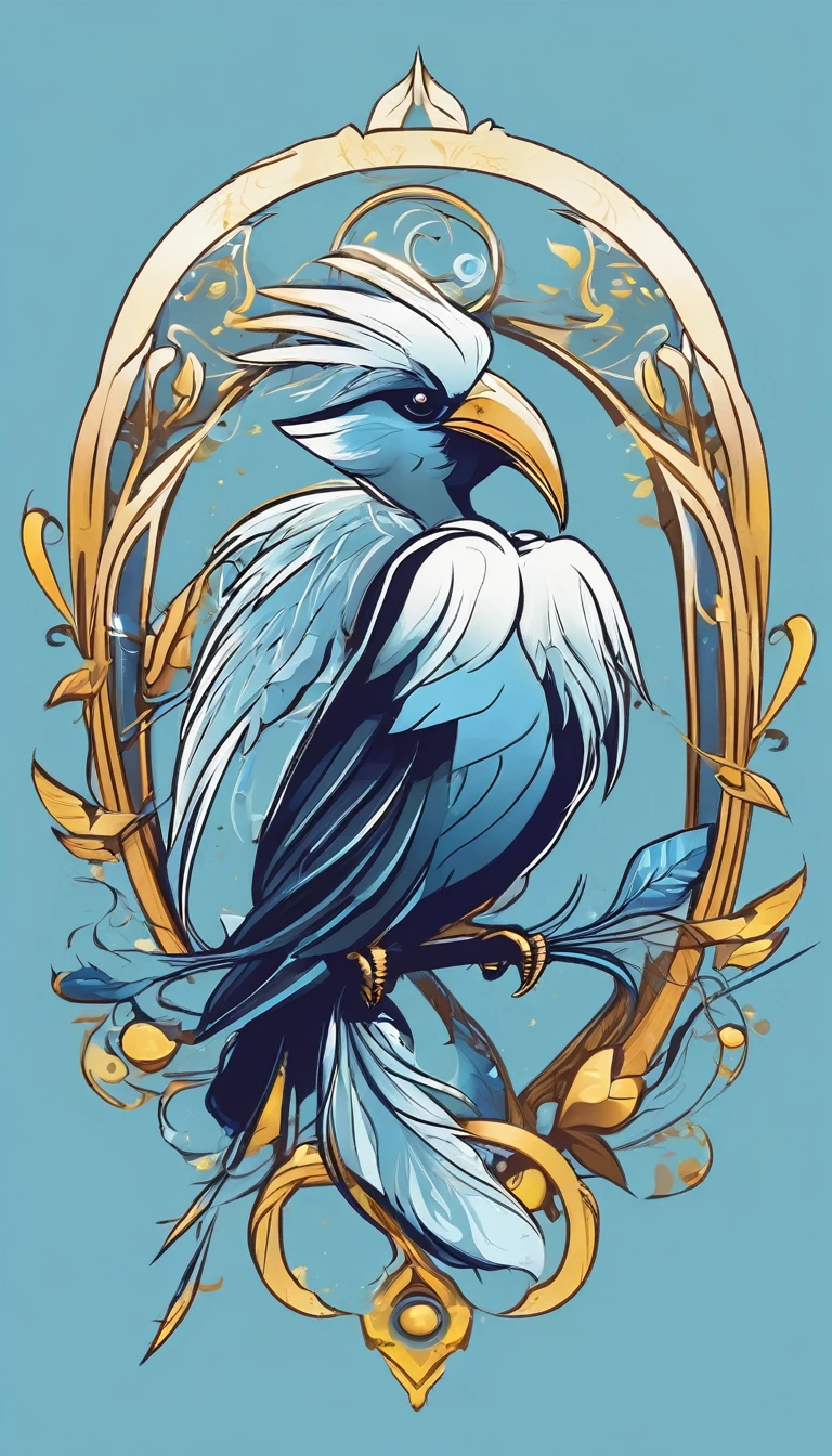 Create a minimalistic, simple, fantastic, easy to understand, logo design of a boy and a feather for an upcoming Fantasy Role Playing Game called " Penamemoria". The game is about a world full of bird and feathers. A boy enters that world and discovers his true artistic identity. Create a logo design that transmits the essence of this videogame. It´s a fantasy game, with fantasy elements. Create the logo in the center and a fantasy theme as background. Use the colours light blue, white, yellow golden in the logo. The logo design must convey a sense of fantasy, dreams, memories and music. Must convey a feeling of being a true Dreamer
