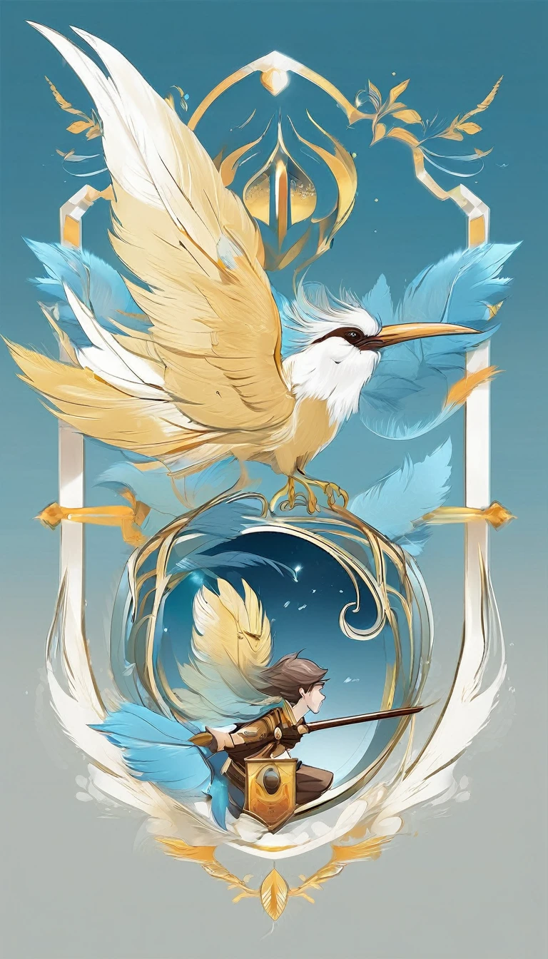 Create a minimalistic, simple, fantastic, easy to understand, logo design of a boy and a feather for an upcoming Fantasy Role Playing Game called " Penamemoria". The game is about a world full of bird and feathers. A boy enters that world and discovers his true artistic identity. Create a logo design that transmits the essence of this videogame. It´s a fantasy game, with fantasy elements. Create the logo in the center and a fantasy theme as background. Use the colours light blue, white, yellow golden in the logo. The logo design must convey a sense of fantasy, dreams, memories and music. Must convey a feeling of being a true Dreamer