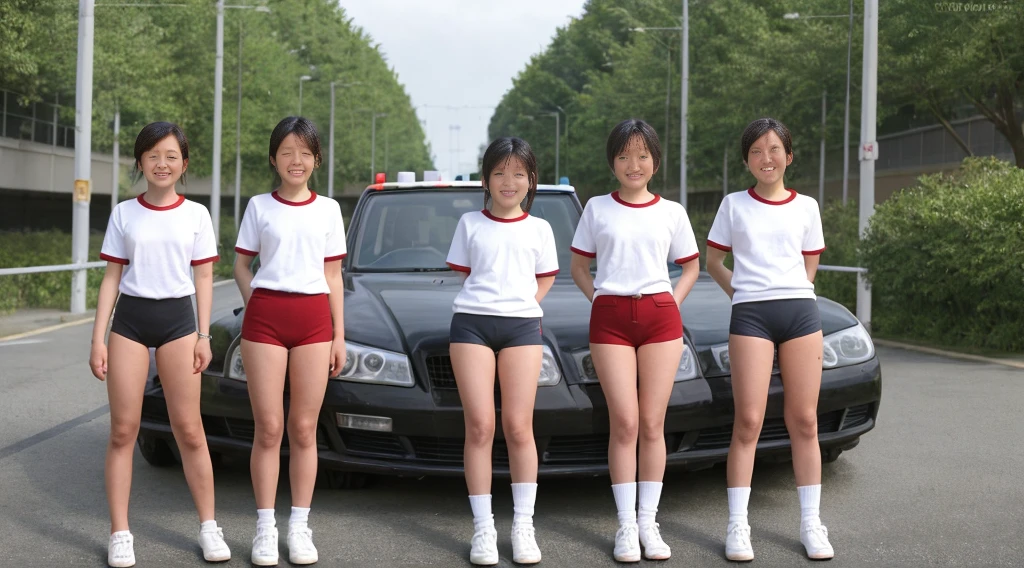Highest quality, masterpiece, car, police, city, road, Black Hair, Four cute 18 year old girls, Dark blue bloomer, Green Flower, White gym wear, Butt through bloomers, smile, White skin, All four of us are good friends., make out, Laughter, shy, Homosexuals,