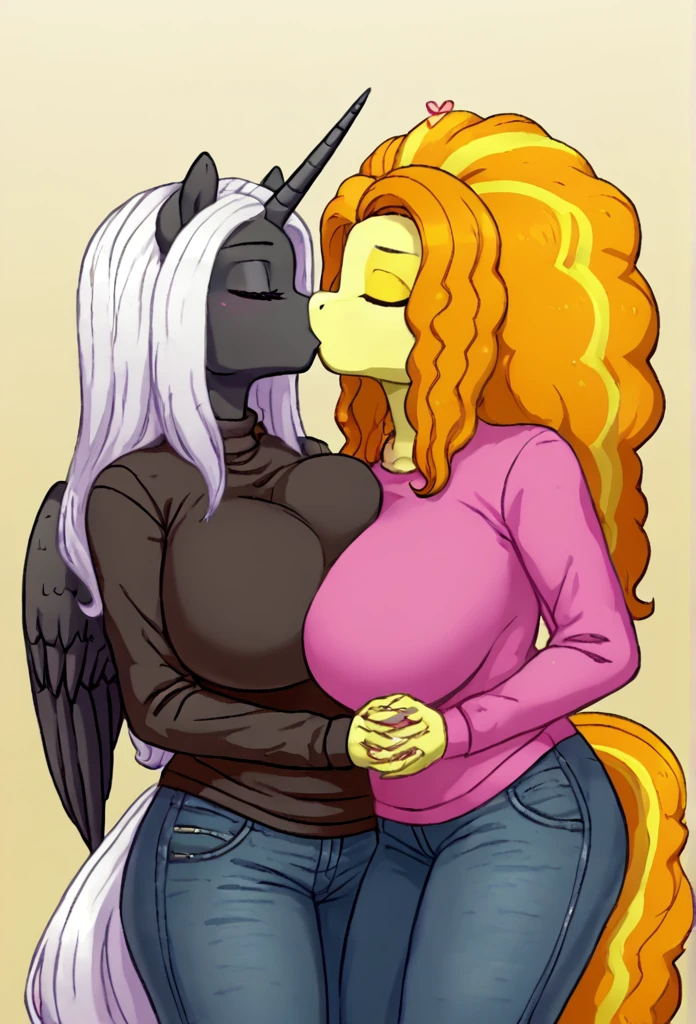 Alicorn princess female and Adagio Dazzle , white mane, ,black body color long flowing mane pink eyes anthro huge breasts , jeans,sweater
lesbians ,perfect body shape kissing,love couple closed eyes