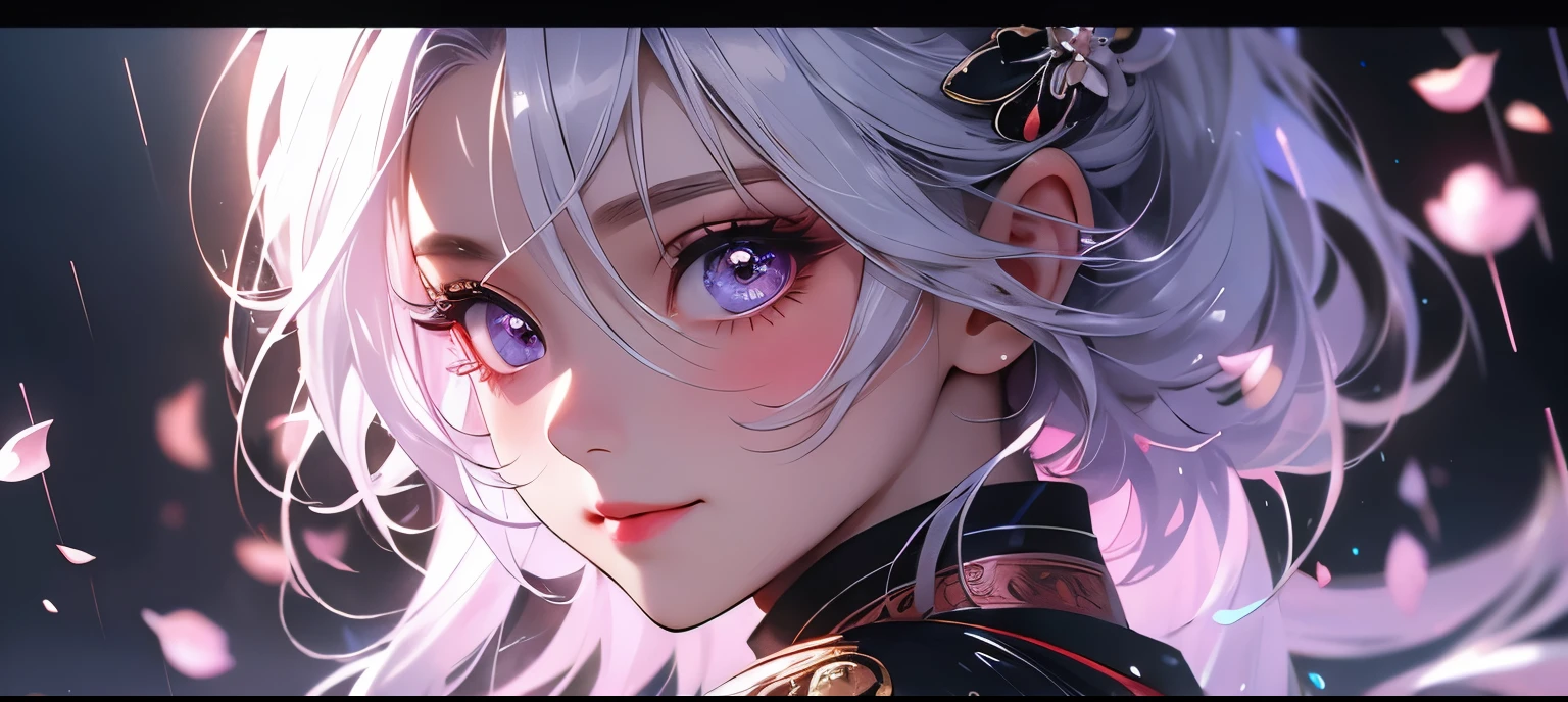 upper body, 1girl, wearing hanfu, chinese hairpin, short white hair, iridescent silver hair, vivid colors, vibrant colors, red eyes, looking at the viewer, raining flower petals, plum blossoms, beautiful big eyes, button nose, blushing expression, cinematic lighting, tyndall effect, (ulzzang), detailed eyes, smiling, light on the face, bright face