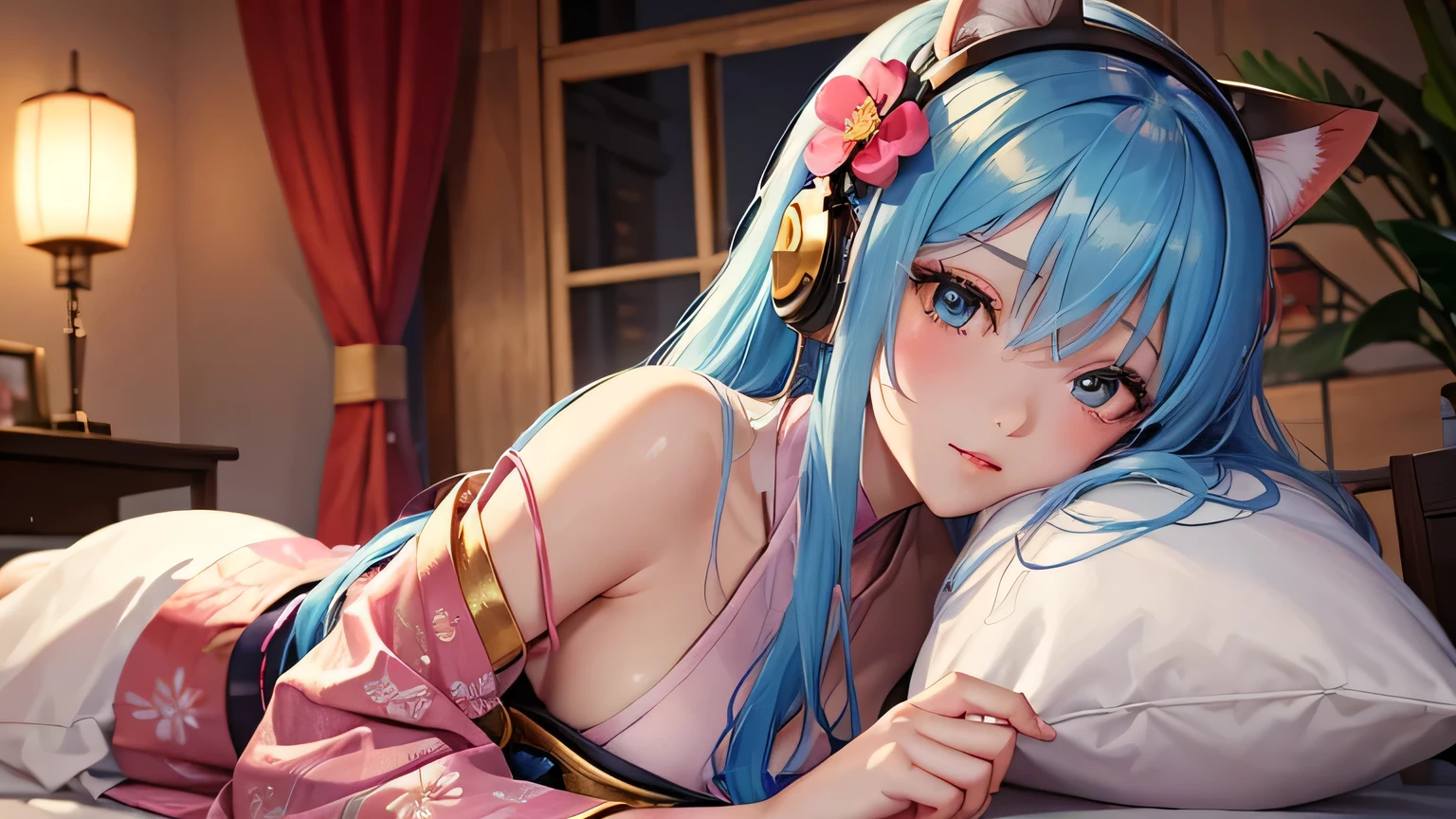 Anime girl with blue hair and blue eyes lying in bed, Enchanting anime girl, Beautiful and attractive anime woman, Anime Style 4k, anime wallpaper 4k, anime wallpaper 4k, 4k anime wallpaper, anime art wallpaper 4k, anime art wallpaper 4k, Best anime 4k konachan wallpaper, Beautiful Anime Girls, Anime Art Wallpapers 8K((Highest quality)), ((masterpiece)), (detailed), One girl, セクシー Here is the English translation of the prompt: Prompt: "Depict a Japanese street with dimly lit lanterns in the background, and in the foreground, portray a glamorous woman in traditional Japanese clothing. She has pink hair adorned with luxurious hair ornaments (red and green flowers, golden decorations). Her eyes are gold and red, highlighted with vivid pink eyeshadow. Her lips are red and slightly glossy. The woman is holding a long, Thin Kiseru (Japanese smoking pipe) in one hand and is gazing towards the camera. Her kimono features traditional floral patterns, creating an overall fantastical and beautiful atmosphere. She is wearing headphones. The girl has long pink hair." He is lying on one elbow. Look at me, Palm up, and feel like I'm inviting you, as if I'm doing a camorn.A pretty girl with headphones is listening to music。A bright forest and a river flow in the background.。Animals are gathering around the beautiful pink-haired girl.。