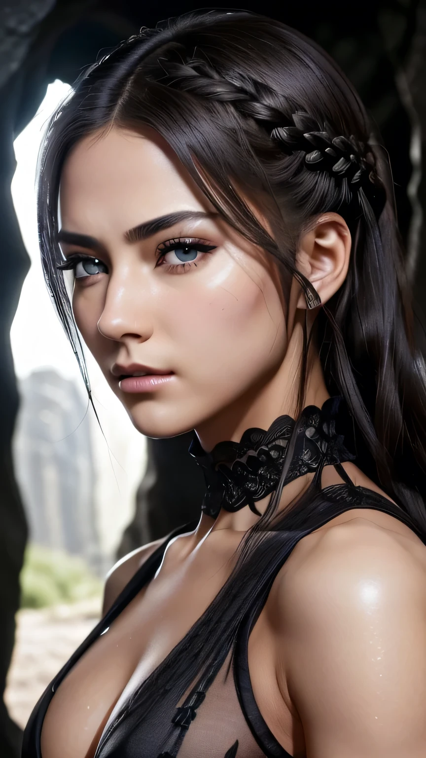 (8K, RAW Photos), 超High resolution, (Realistic, photo-Realistic), 1 Girl, emotionless, alone, ブロンドの長いBraided hair、 black eye, Professional Lighting, Detailed lighting, Backlight, Written boundary depth, Natural light, Sharp focus, Professional photography, 美しいblack eye, Realistic eyes, Detailed Shadows, CG games, Cosplay, ((Black leotard)), exterior, Crown, masterpiece, 最high quality, high quality, High resolution､((Portrait)))、The line of sight is this、sexy､((In a dark cave))､ ((美しいblack eye)), black eye､Braided hair、