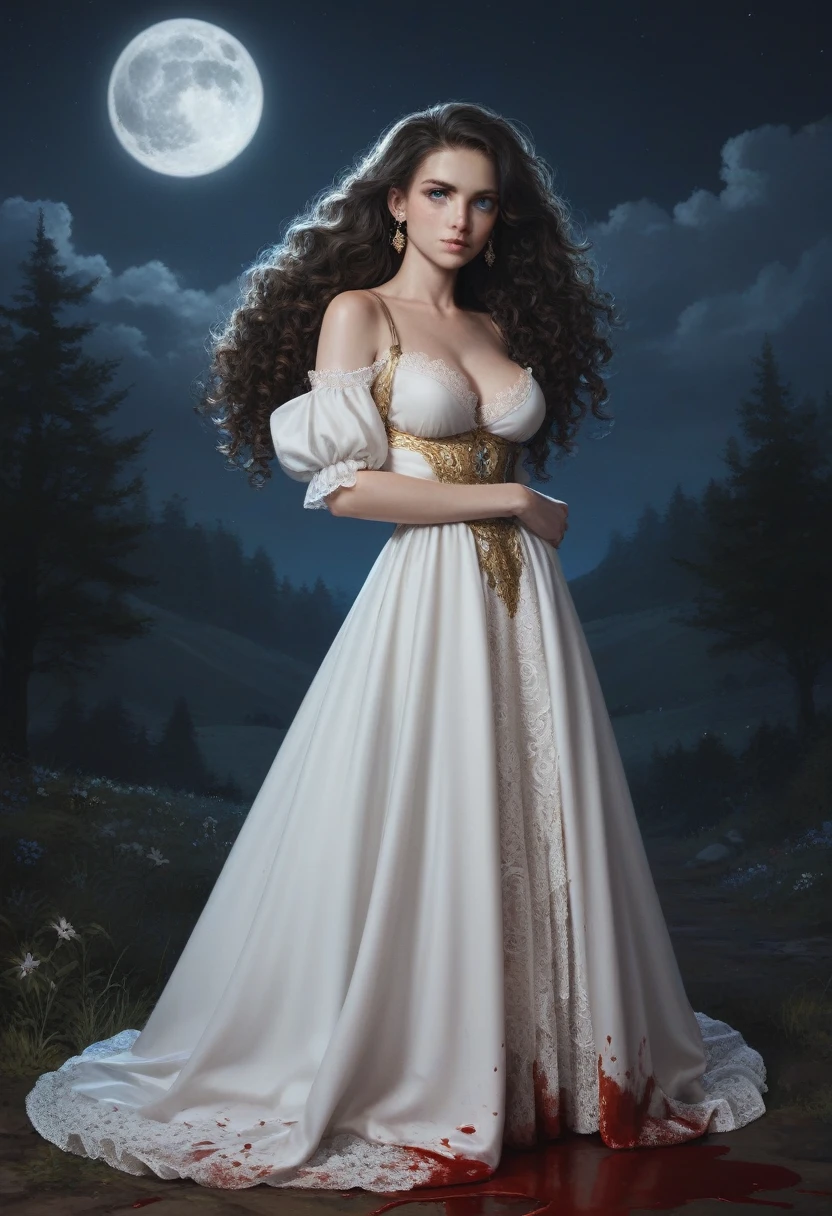 score_9, score_8_up, score_7_up, score_6_up, rating: safe, 1girl, solo, (black_hair:1.5), wavy_hair, jewelry, dress, blue_eyes, earrings, (long_hair:1.5), looking_at_viewer, curly_hair, full_body, lips, lace, white_dress, gold_dress, (night:1.3), cxqz8r, medieval_dress, medieval_landscape, fullmoon, rpg, (rape_face:1.5), narrow_waist, (skinny:1.3), (pale_skin:1.4), (large_breasts:1.2), (severed_head:1.5) in the hand, blood, blood_on_hands, blood_on_clothes