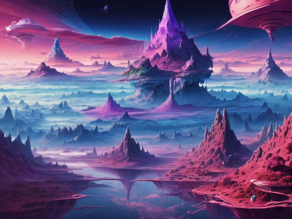 A vivid surreal landscape painting with a purple-blue sky and floating island mountains surrounded by mist