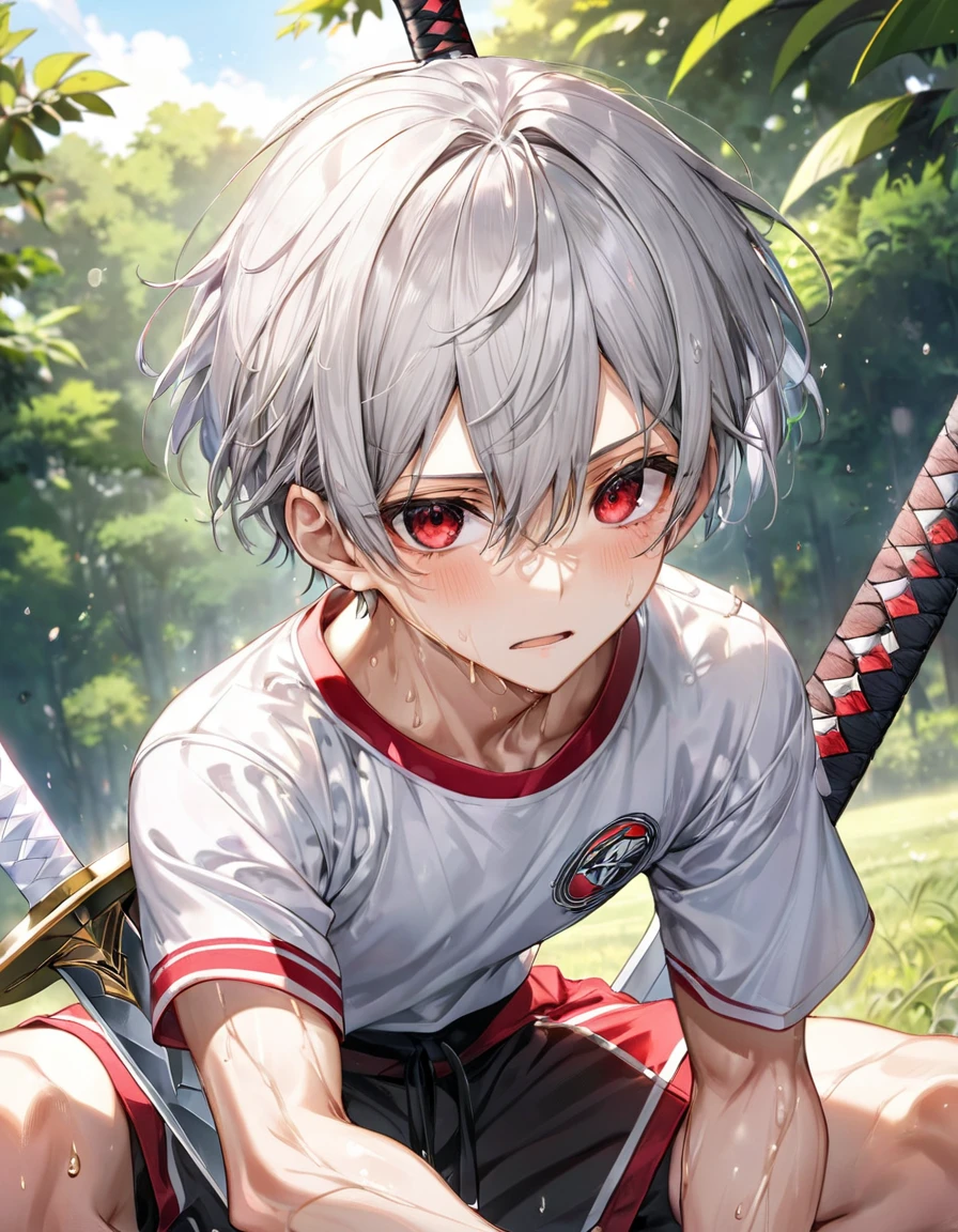 (Sword Training style) (both hands holding a long Zweihander, gripping a zweihander on both hands), (16 yo, solo crew cut silver hair very short hair divine boy, detailed serious red eyes, sweaty;1.2 skin, serious face), (in a summer training uniform), break, (in the battle training field), BREAK, perfect anatomy, masterpiece, best quality, 16k, beautiful detailed grow, daydreaming expression.