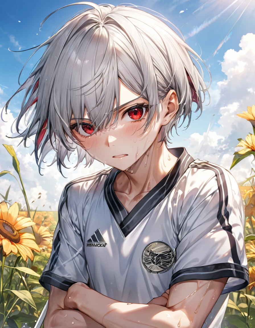 (Sword Training style) (both hands holding a long Zweihander, gripping a zweihander on both hands), (16 yo, solo crew cut silver hair very short hair divine boy, detailed serious red eyes, sweaty;1.2 skin, serious face), (in a summer training uniform), break, (in the battle training field), BREAK, perfect anatomy, masterpiece, best quality, 16k, beautiful detailed grow, daydreaming expression.
