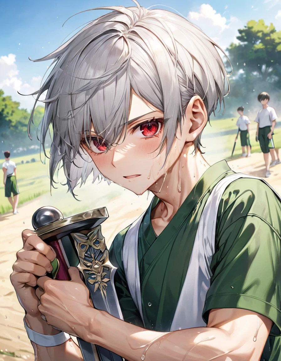 (Sword Training style) (both hands holding a long Zweihander, gripping a zweihander on both hands), ( yo, solo crew cut silver hair very short hair divine boy, detailed serious red eyes, sweaty;1.2 skin, serious face), (in a summer training uniform), break, (in the battle training field), BREAK, perfect anatomy, masterpiece, best quality, 16k, beautiful detailed grow, daydreaming expression.