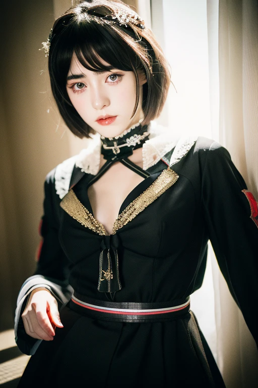 Mikasa,19 year old young woman , Best quality, High resolution, Short hair, Black eyes, look at the viewer, wearing the clothes of European noblewomen hpzc \(manaka nemu\), beauty, the nipples are visible, Highest quality , high resolution