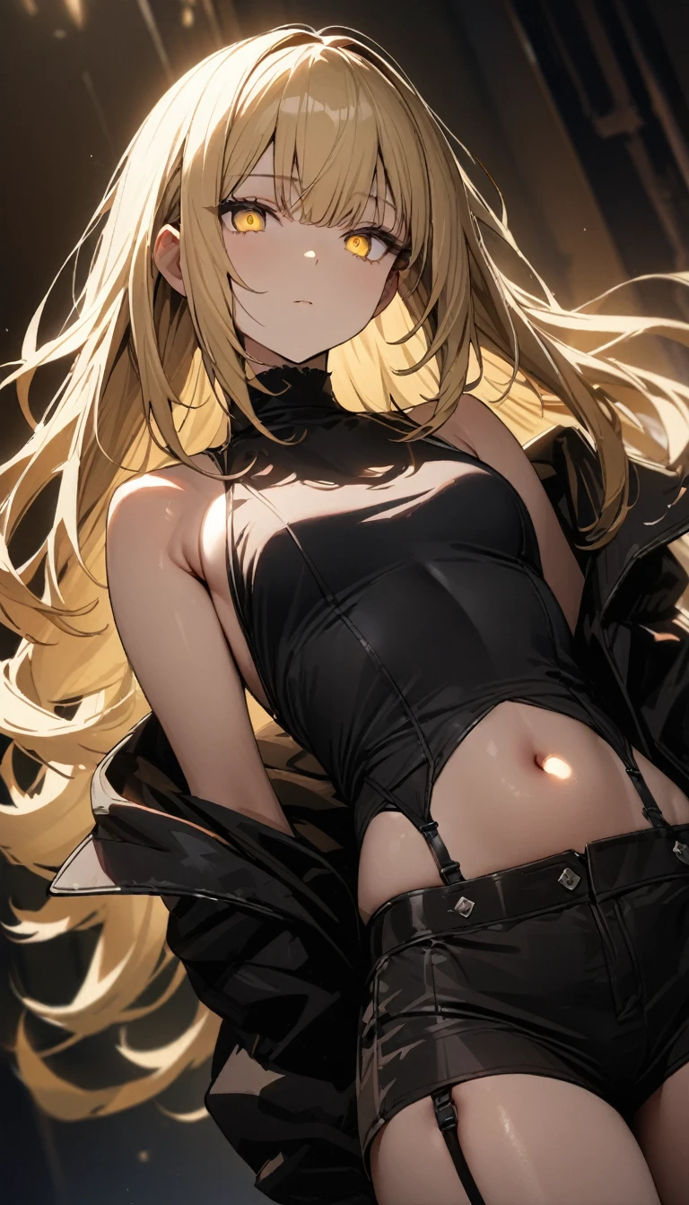 a handsome girl, solo, blond long hair, yellow eyes, bright eyes, bangs, ”black jacket”, black high neck sleeveless, [navel], off shoulder, , black shorts, black tights, garter straps, expressionless, blurry background, perfect lighting, perfect angle, masterpiece, best quality, extremely detailed face,