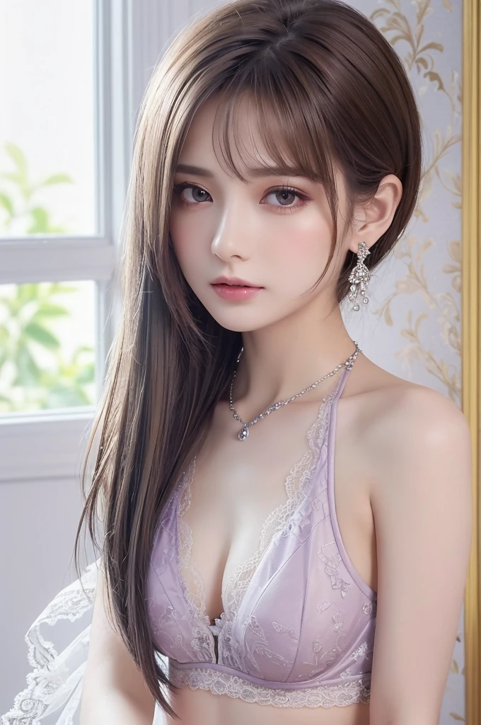 purple lace &Good, (((Very elegant and beautiful, Perfect detail, Super detailed))), whole body, The most detailed girl, Depth of written boundary, 美しく詳細なwhole body, Thin legs, 1 girl, 30 years old, Very short hair, Spiked Hair, Gray and silver hair, Beautiful detailed hair, Perfect Face, Expressionless, Beautifully detailed deep eyes, Open your mouth a little, Delicate arms and hands, Pale skin, Earrings, Beautiful and gorgeous necklace, Colorful background, HD background, Blurred Background, Very delicate and beautiful, Masterpiece, (((Highest quality, Very beautiful 8K CG wallpaper))), (((Trendy hairstyles))), (Inside the room,Stylish interior,window),