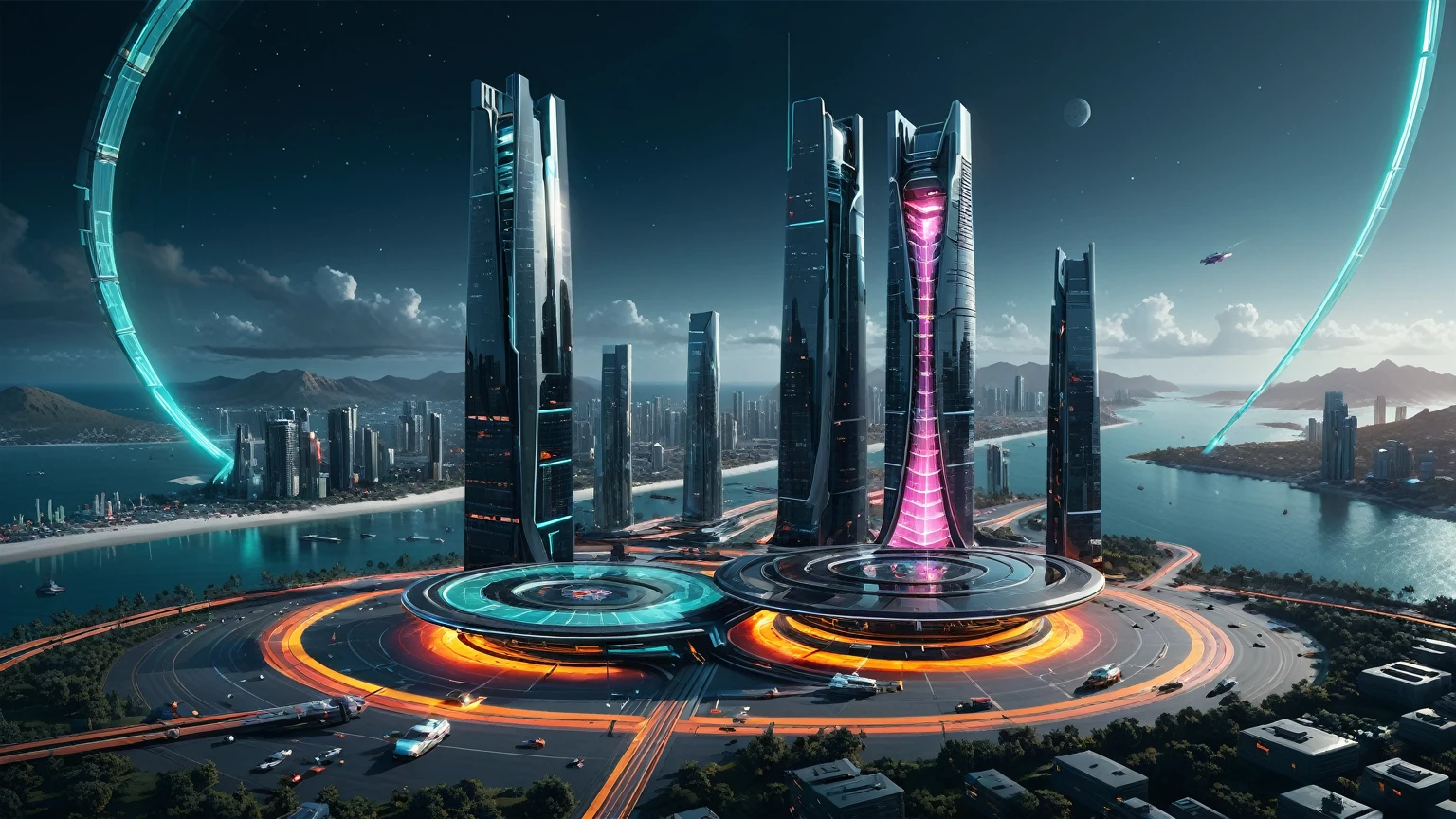 Brightly colored abstract aerial view image of a (((((futuristic helipad beside ocean))))) with a spiral, a (((futuristic all-glass train))) passing by, epic beautiful space sci-fi, chaotic cinematic space rift, Greg Beeple, Beeple and Tim Hildebrandt, Beeple and Jean Giraud, (((giant glass lion sculpture))), galaxy space sci-fi, ringworld, by Mike "Beeple" Winkelmann. Matrix style, (((Matrix cascading code))), (((a futuristic twin tower skyscraper with a unique twisted design))), (((OLED GUI interfaces in the building))), at night, (((((1girl, solo))))), photo realistic, (((((((large-breast:1.2 body, cleavage:1.4))))))), (((((off broken mini sling-shirt and black sling bra, extreamly short pleated miniskirt exposing panty))))), (((((running pose))))), (((((((matrix style black micro sunglasses))))))), ((((((((((aiming with a short gun)))))))))), (((((looking at camera))))), (((very low view))), (((((half-body thigh level medium shot))))), (((cinematic lighting))).