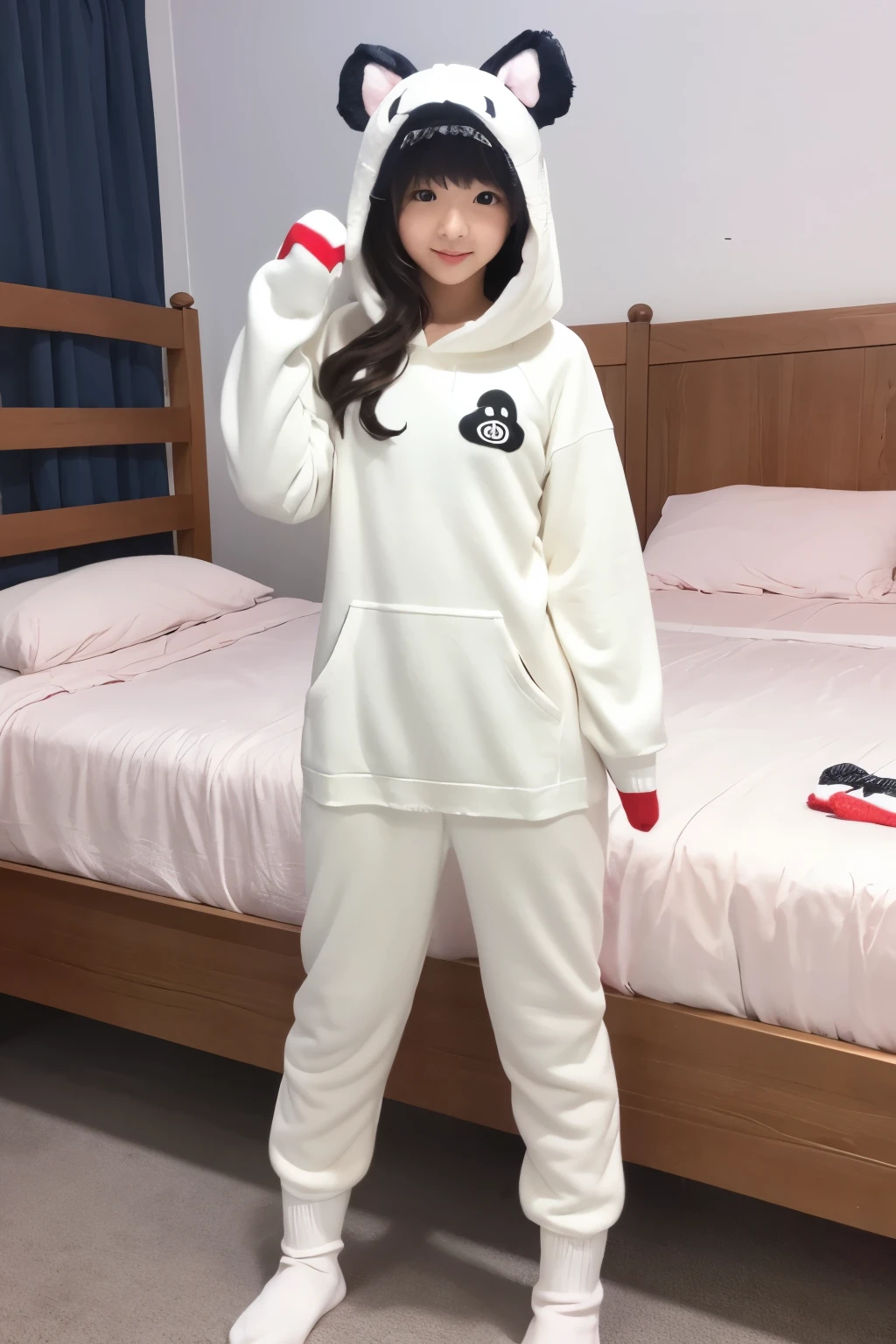 girl, (kigurumi:1.2), (white mitten:1.35), full body, sweat pants, stands, (short socks:1.2), bed room