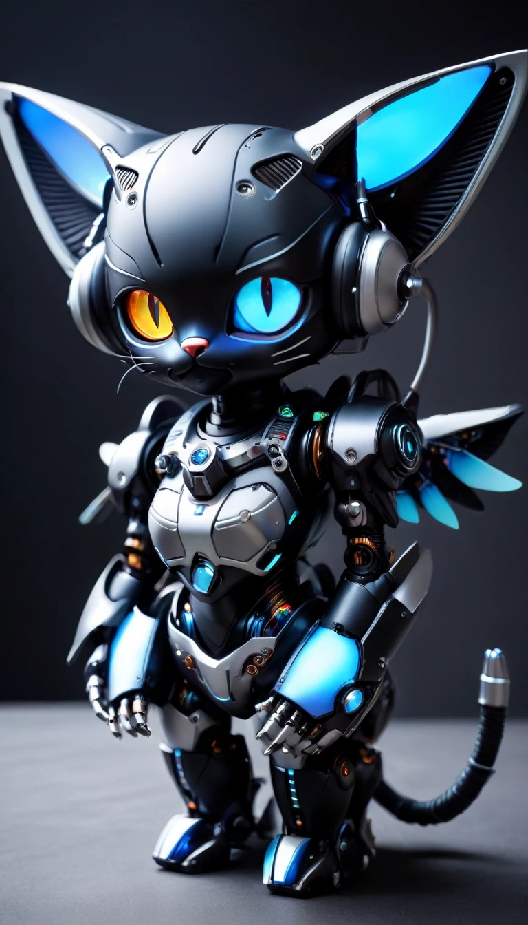 super masterpiece,((super high quality)), (((Very detailed)))　Cat Cyborg、((Anatomically correct))　robot、Mechanization、Mechanical Blue Funnel、((Anatomically correct))　Mechanical Wings、up、front、Rainbow colored parts（delicate）、（Black light style eyes）universe（Dark）big headphone、Future、cute、