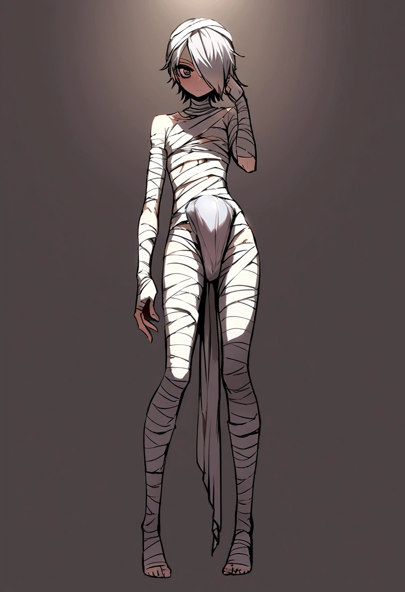 wraps around entire body, male, skinny boy, male, femboy, feminine male, effeminate, bulge, big bulge, , one eye exposed, full body, full_body, simple background, standing, bandages around entire body, arm wraps, leg wraps, body wraps, face wraps, wrapped completely in bandages, solo, hair over one eye