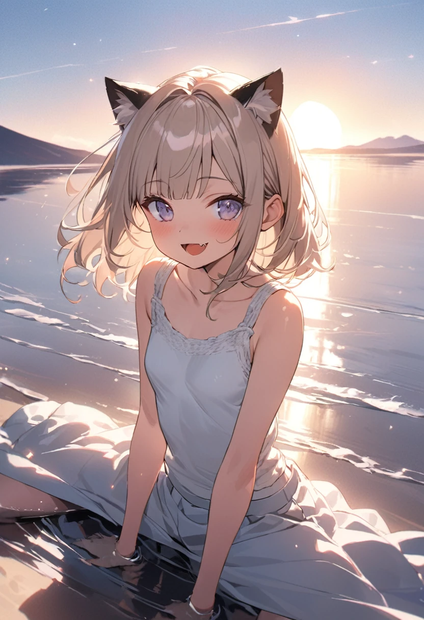 ((Masterpiece)), ((best quality)), (Anime:1.3), (RAW photo:1.2), (super detail:1.2), (High Definition:1.3), (Professional Photography:1.4), (sharp focus), (perfect light), ((12 years old)), 8K, Glossy skin, cinematic lighting, 1girl, wide shot, (Knit fabric tank top), (Cute innocent teenage girl), (Healthy slim body), small breast, glossy medium hair, (loose blunt bangs), ((:d)), open mouth, fang out, (naughty smile), beautiful collarbones, (slightly exposed shoulders), (put on cat ears), pale brown hair, Hair that flutters in the wind, BREAK, ((best quality)), (Relaxing and sitting on Salar de Uyuni), reflection of Salar de Uyuni, sunnyday, Beautiful Horizon Background,