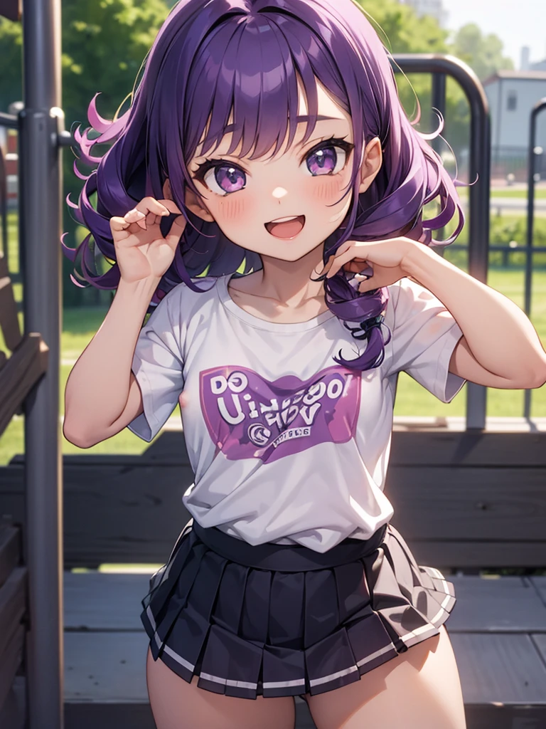 masterpiece, best quality, solo, (), purple hair, curly hair, cowboy shot,
smile, open mouth,, standing, t-shirt lift, flat chest, nipples, miniskirt, playground,