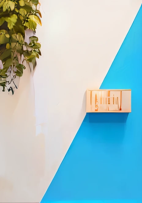 There is a plant next to a wall,There is a sign on it, Simple background, Product introduction photos, ecommerce photograph, With blue background, High-quality photos, High-quality stock images, Minimalist composition, Things made of wood, Website Banner, Web design, simple design, green、Blue and warm themes, Simple background, High-quality photos