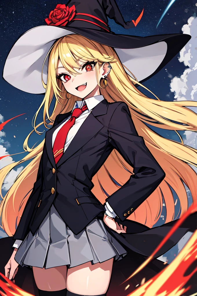 (absurdres, 8k, 4k, masterpiece, hyper extreme detailed:1.2), solo, 1girl, side view, perfect face, 1girl, portrait, looking at viewer, standing, Female, Mature Female, very long hair, 8k uhd, 1girl, slender, cowboy shot, standing, half body, front view, red tie, night sky, moon, stockings, big witch hat, witch, blonde hair, piercings, earrings, detailed eyes, expressive eyes, colorful pupils, blazer, skirt, smile, fang tooth, red eyes, earrings, hand on hip, flat chest, looking forward, front view, messy hair, wind, windy, moving hair, moving clothes, swept bangs, mature body, gyaru, crazy face, crazy eyes, crazy smile,