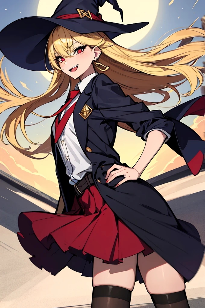 (absurdres, 8k, 4k, masterpiece, hyper extreme detailed:1.2), solo, 1girl, side view, perfect face, 1girl, portrait, looking at viewer, standing, Female, Mature Female, very long hair, 8k uhd, 1girl, slender, cowboy shot, standing, half body, front view, red tie, night sky, moon, stockings, big witch hat, witch, blonde hair, piercings, earrings, detailed eyes, expressive eyes, colorful pupils, blazer, skirt, smile, fang tooth, red eyes, earrings, hand on hip, flat chest, looking forward, front view, messy hair, wind, windy, moving hair, moving clothes, swept bangs, mature body, gyaru, crazy face, crazy eyes, crazy smile,