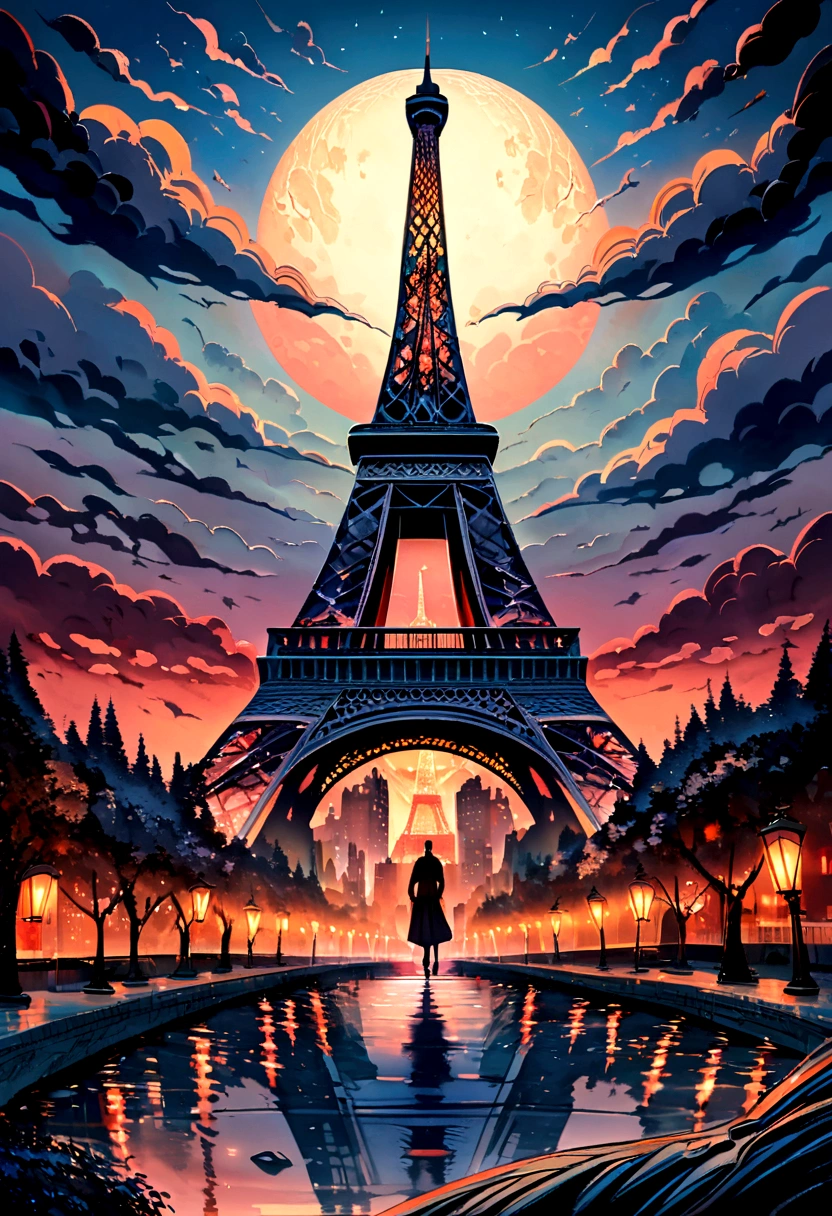 Night landscape oil painting,Fuji Mountain,Eiffel Tower,