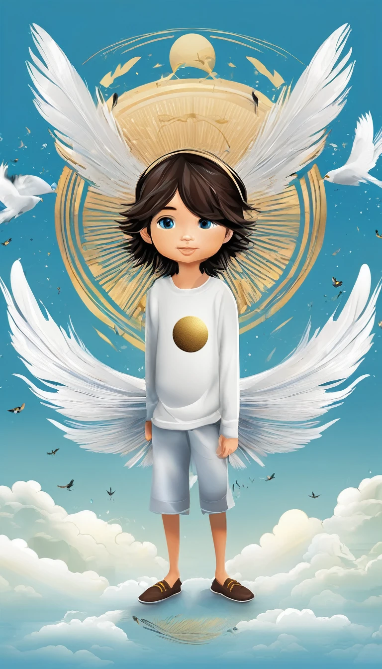 Create a minimalistic, simple, fantastic, easy to understand, logo design of a boy and a feather for an upcoming Brand called " Penamemoria". Create the logo in the center. A fantasy theme with birds and feathers as background, blue sky, white clouds. Use the colours light blue, white, golden in the logo. The logo design must convey a sense of storytelling, memories, dreams and music. Must convey a feeling of being a true Dreamer.
