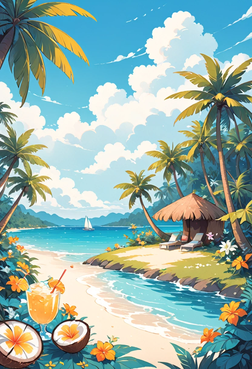 coconut tree，Cartoon，summer，Illustration style，Blue seaside，White clouds，Simple picture；