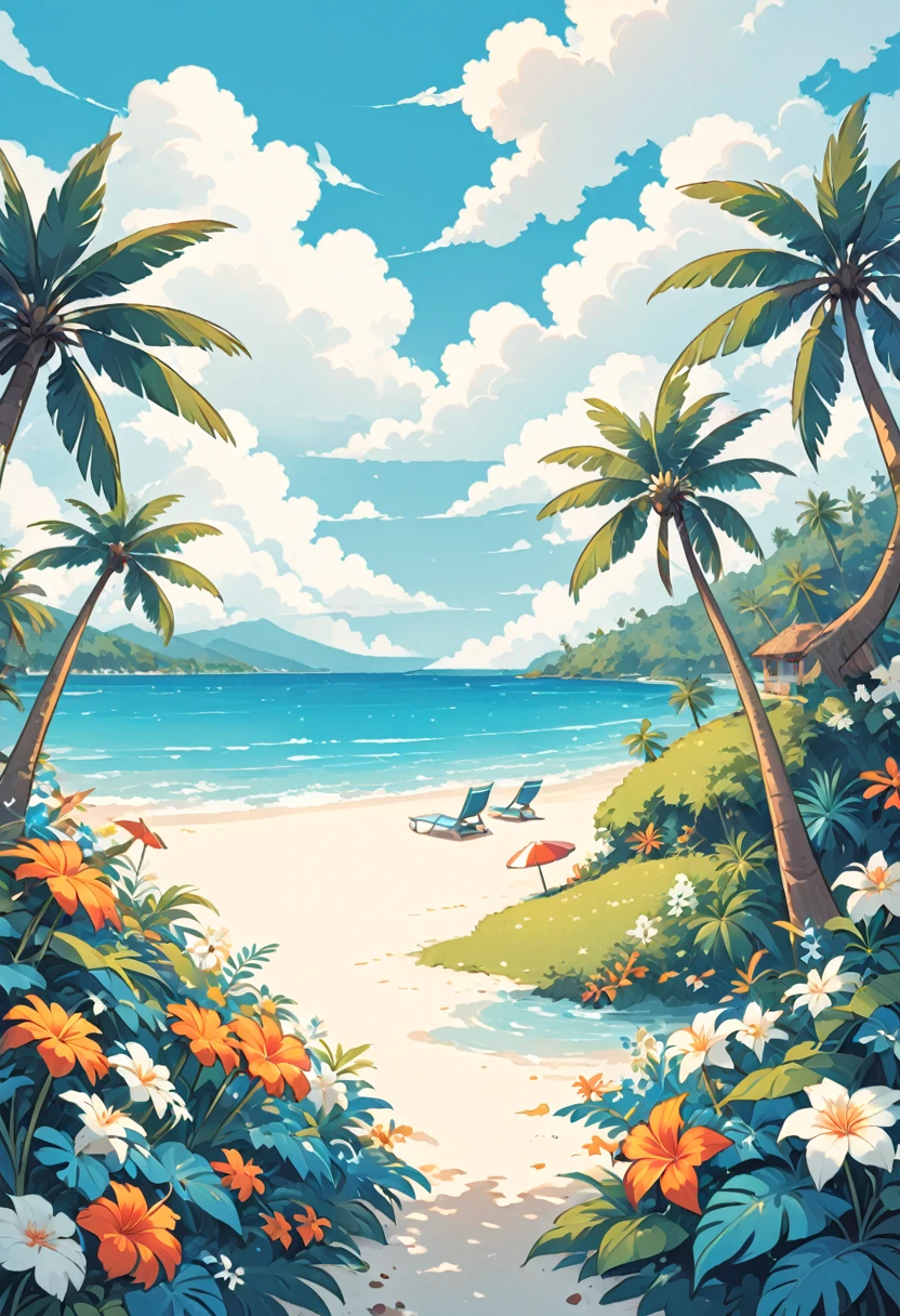 coconut tree，Cartoon，summer，Illustration style，Blue seaside，White clouds，Simple picture；