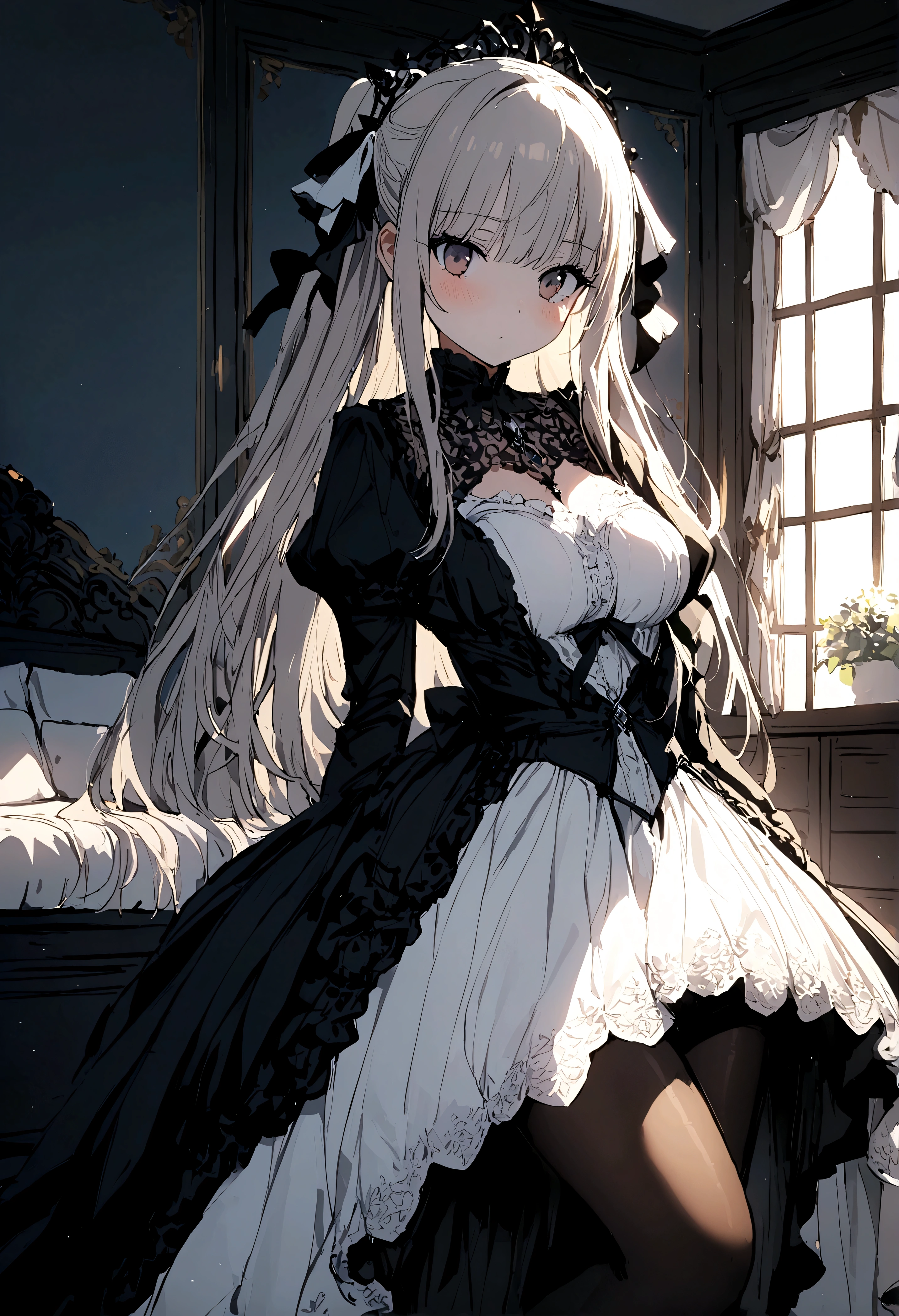 1 girl,Kasugano Sora,かすがのそら,pantyhose,white gothic dress,bedroom