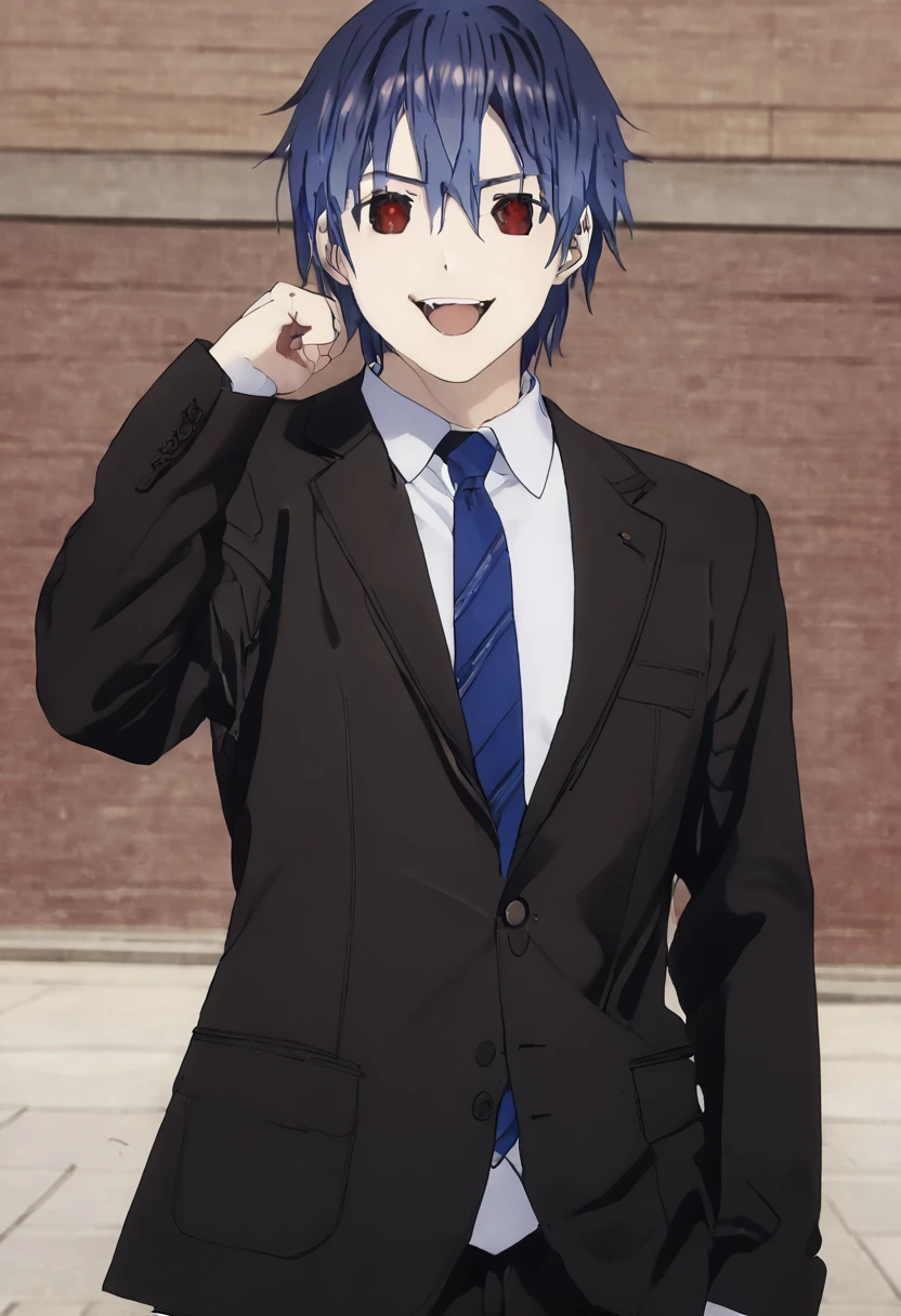 masterpiece, best quality, ((dynamic_angle)),outdoors,
1 girl solo,((medical))_eyepatch,red_eyes,loose_hair,very_long_hair,gothic_lolita,hair_flower,glowing_eyes,floating_hair,smile,
(itsuka shido, 1boy, blue hair, upper body, expressive eyes, school uniform, Black jacket, white shirt, black pants, blue tie, smile, open mouth), He stares at the viewer while shaking his hand towards the viewer.
