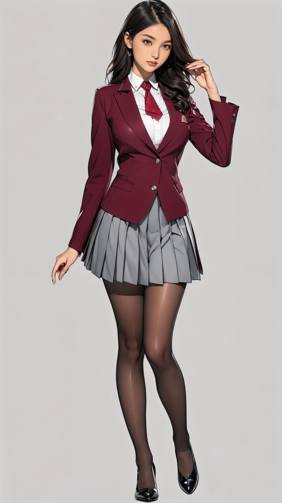 araffe asian womam, 1 female, age 18. Known for her youthful charm and unwavering determination, Her body language is as modest as her personality, always exuding a sense of innocence and resilience, ((She is dressed in a prestigious Tokyo high school uniform)), (((The uniform includes a (tailored maroon blazer with the school crest on the chest), a (maroon necktie), (a white blouse) with a Peter Pan collar underneath that compliment her natural E-cup breasts, a (pleated grey skirt) that emphasizing her figure))), (((She enhances her look with Sheer black stockings and black leather oxford shoes))), carrying her ensemble with an air of subtle confidence. Her accessories are minimal, reflecting her simple lifestyle at this age. ((intricate detail)), super finely detailed hands, ultra finely detailed fingers(((ten fingers))), (standing confidently), (full body showcase), (show full body), (no logos on background), (no logo), ((plain background)), ((plain background)), (((empty background))).