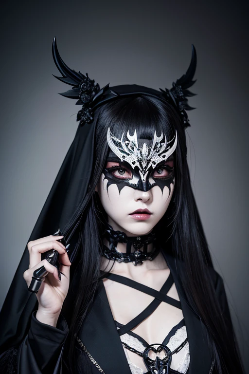 SU-METAL、DEATH METAL  PRINCESS concept、Heavy eye makeup、Toned look、Grim Reaper themed costume、masquerade