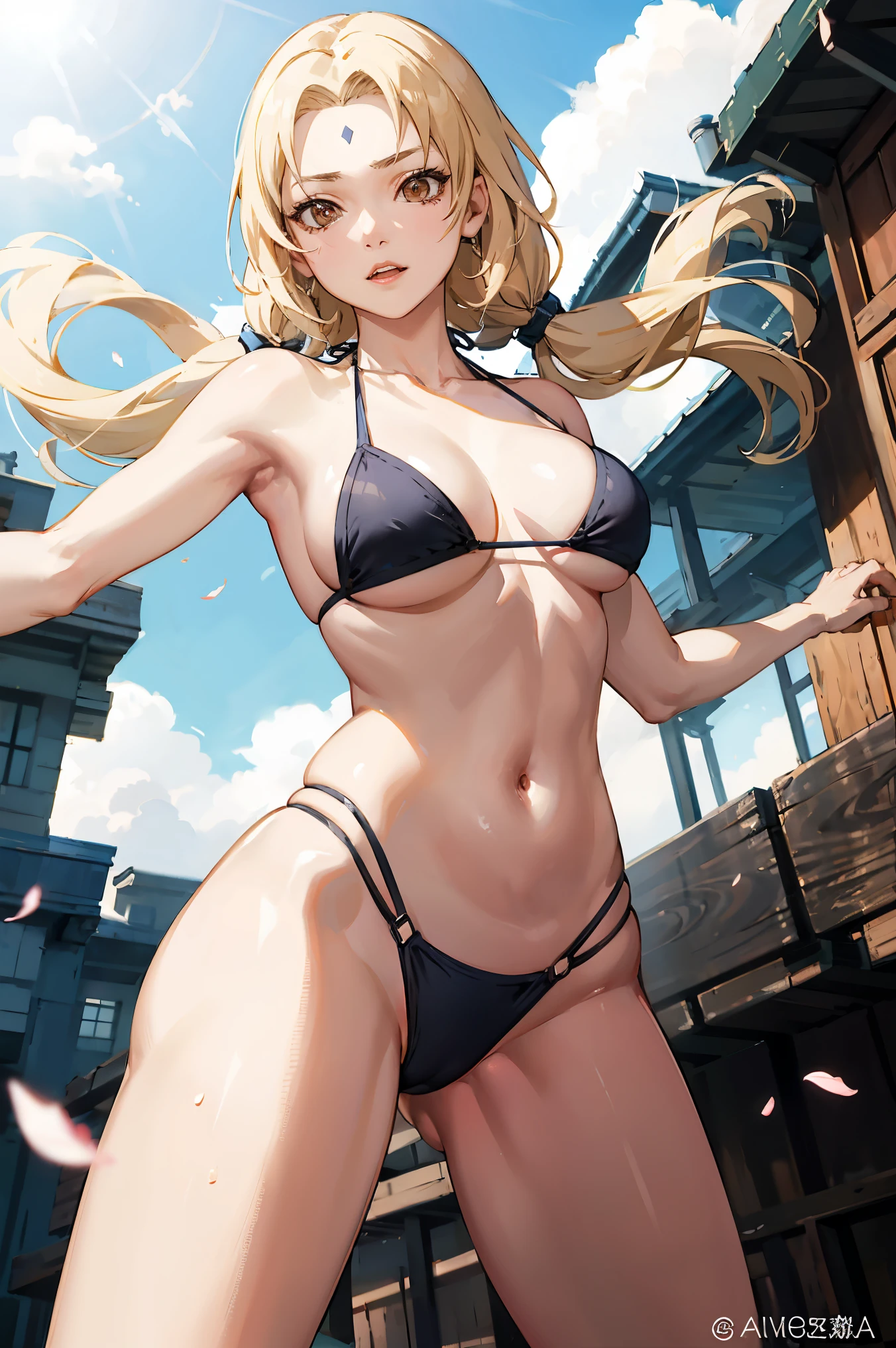 Highest quality、Best image quality、masterpiece、One Woman、Tsunade Def, Forehead mark, Bikini Top Holder, White leggings、High kick, smail, Natural light、Shallow depth of field、Lens flare、Dynamic Angle,