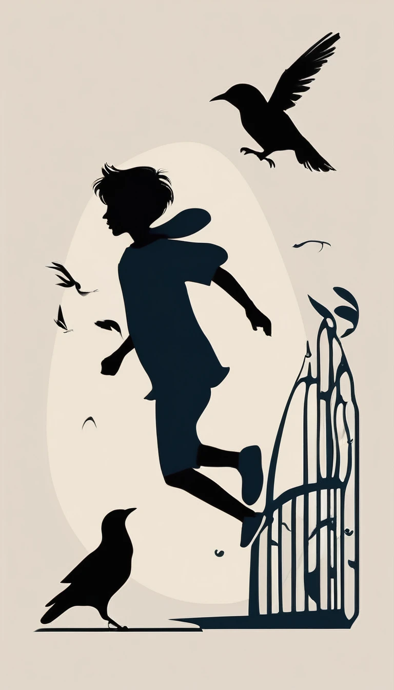 Create a modern, minimalistic logo design for a brand about music and movies called " PENAMEMORIA" . The logo must be in minimalistic style and convey a sense of storytelling. The logo is a simple silhouette of a boy happily running with open arms and holding an acoustic guitar in his right hand. The boy is playing with a bird and a feather. Modern logo, unique, creative, fantastic, memorable, elegant.