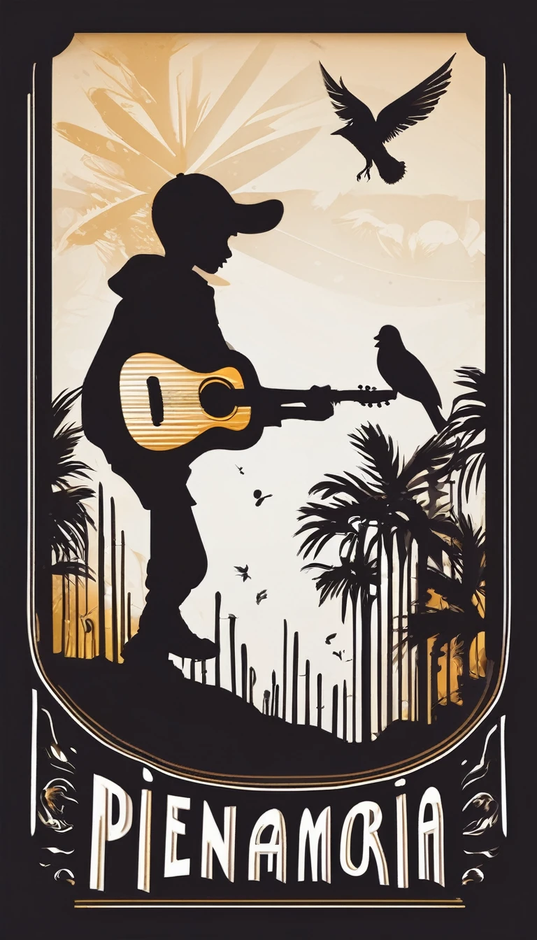 Create a modern, minimalistic logo design for a brand about music and movies called " PENAMEMORIA" . The logo must be in minimalistic style and convey a sense of storytelling. The logo is a simple silhouette of a boy happily running with open arms and holding an acoustic guitar in his right hand. The boy is playing with a bird and a feather. Modern logo, unique, creative, fantastic, memorable, elegant.