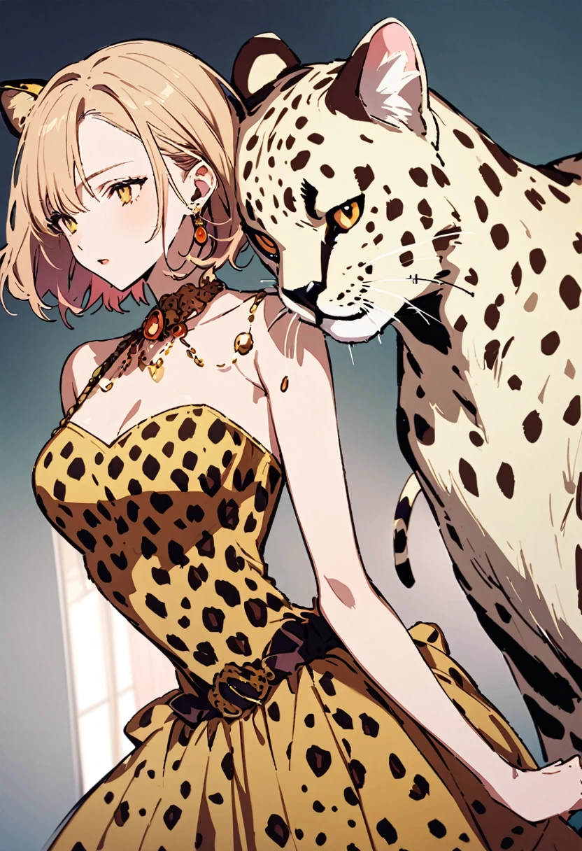 masterpiece, Highest quality, Illustration of the novel, High resolution, 18+ Adult content, Sensual, Intimate, Emotional, Passionate, romantic, sweet, Adorable, Innocent, Pure, charmな, charmな, charm, mysterious, charmな, charmな, Immersive, charmな, dream-like, Surreal, Imaginative, Whimsical, Artistic, Avant-garde, timeless, elegant, Sophisticated, chic, Sophisticated, Personality, original, charmな,((A Cheetah/A cheetah/Cheetah Dress:1.3))、((Upper Body:1.3))