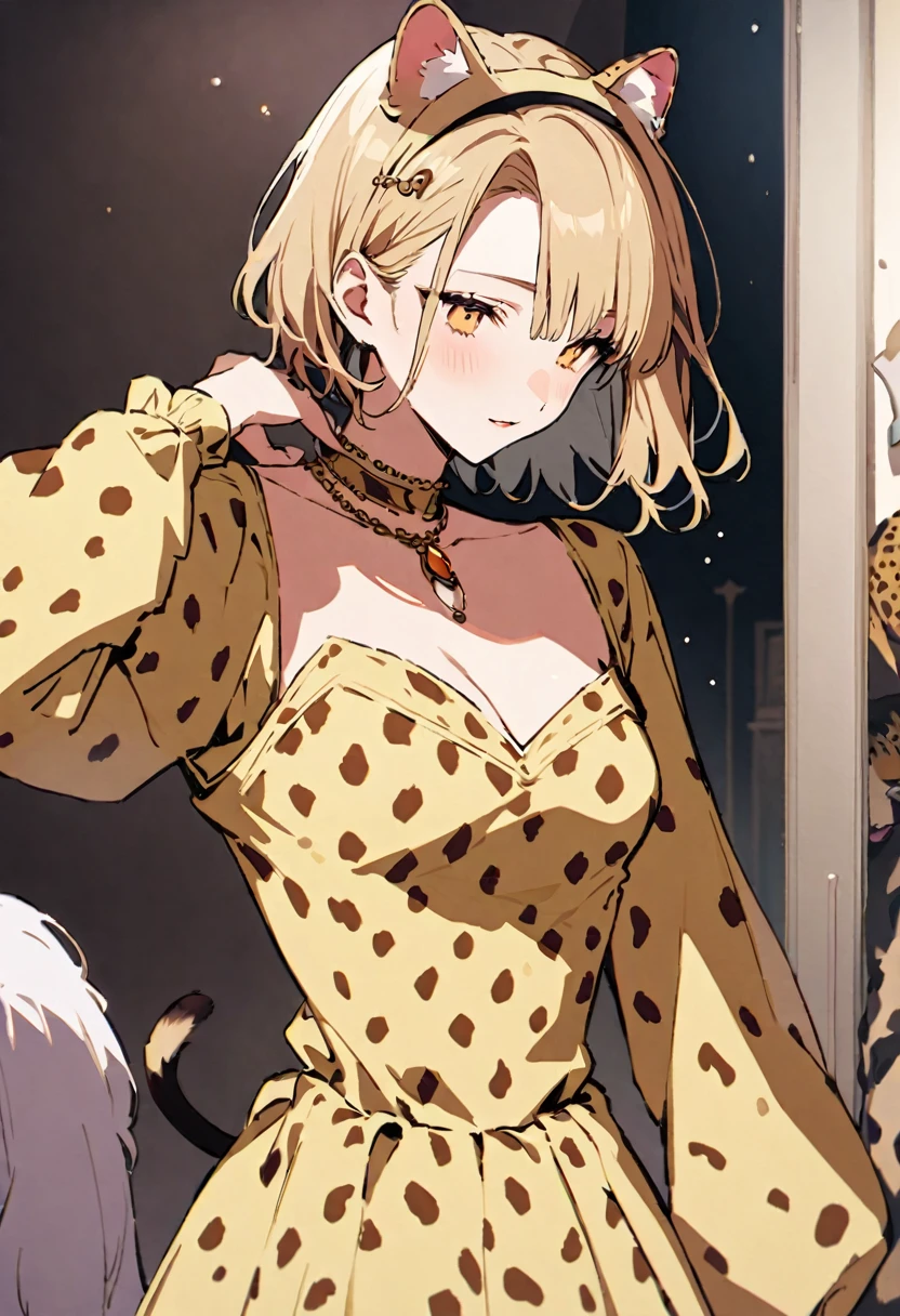 masterpiece, Highest quality, Illustration of the novel, High resolution, 18+ Adult content, Sensual, Intimate, Emotional, Passionate, romantic, sweet, Adorable, Innocent, Pure, charmな, charmな, charm, mysterious, charmな, charmな, Immersive, charmな, dream-like, Surreal, Imaginative, Whimsical, Artistic, Avant-garde, timeless, elegant, Sophisticated, chic, Sophisticated, Personality, original, charmな,((A Cheetah/A cheetah/Cheetah Dress:1.3))、((Upper Body:1.3))