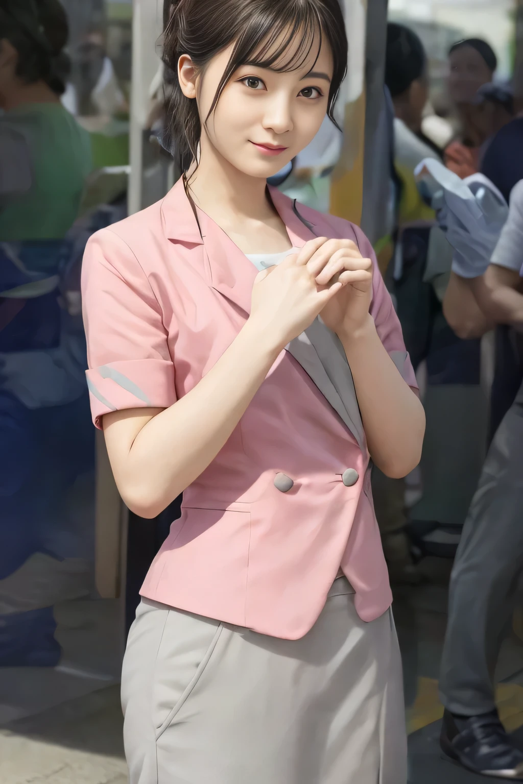 (masterpiece:1.2, Highest quality:1.2), 32k HDR, High resolution, (alone、1 girl)、 (Height: 160cm)、(On the rooftop of a building in the daytime、Professional Lighting)、Building rooftop background、(Nankai train crew uniform pinkを着たリアルスタイル)、(Nankai train crew uniform pink short sleeve collarless pink jacket、Nankai Train Crew Uniform Pink Collarless Short Sleeve Blouse、Nankai Train Crew Uniform Pink Grey Knee-length Culottes)、(The pink jacket is showing from the culottes.)、Dark brown hair、(Hair tied up、Hair tied up、Evening curly hairstyle)、Dark brown hair、Long Shot、Big Breasts、Thin legs、((Great hands:2.0)),((Harmonious body proportions:1.5)),((Normal limbs:2.0)),((Normal finger:2.0)),((Delicate eyes:2.0)),((Normal eyes:2.0)))、smile、(Nankai Train Crew Uniform Pink Grey Knee-length Culottesを見せた美しい歩く姿)、Place your hands around your stomach、Lanyard employee ID card