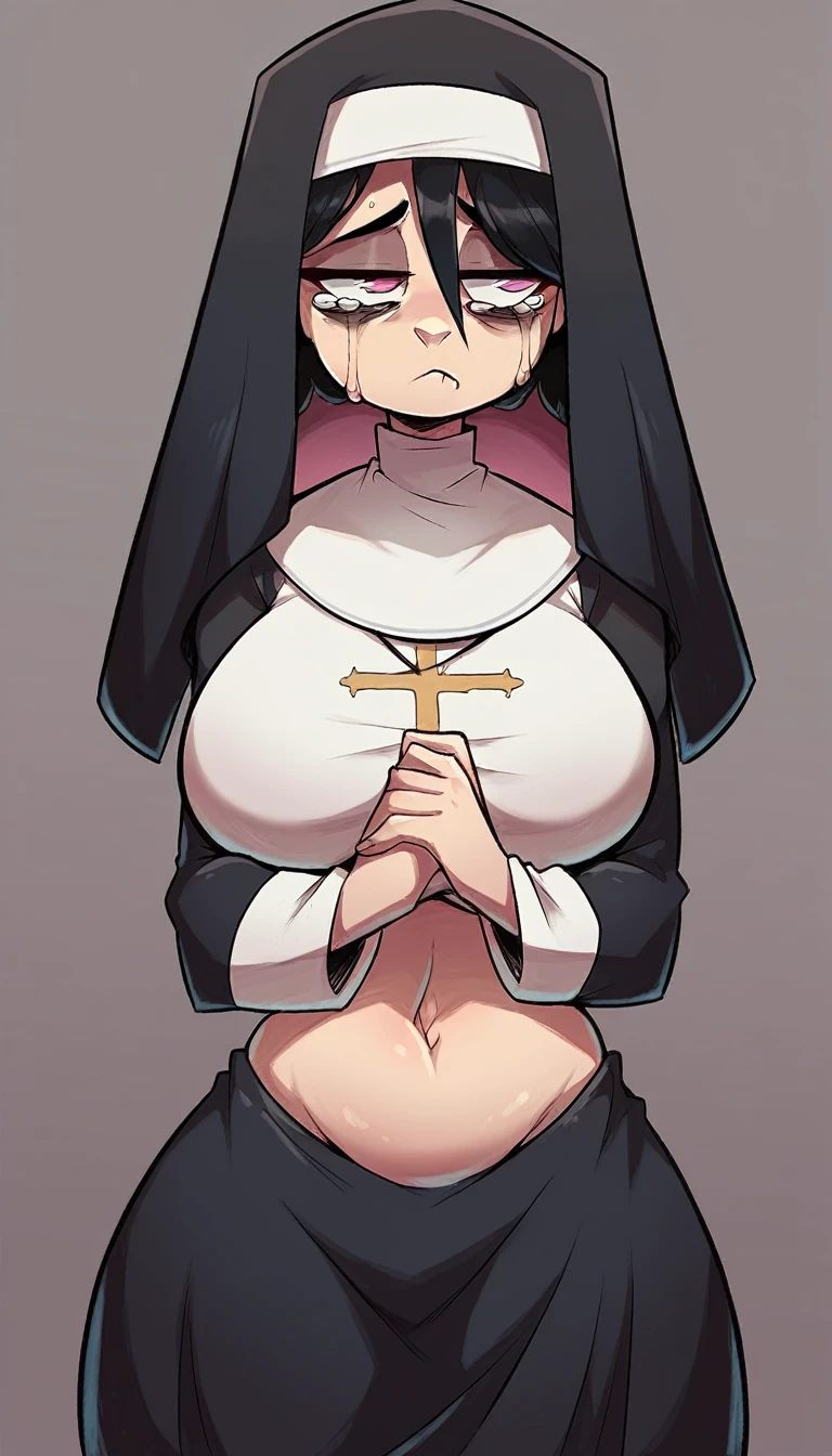 a giant woman nun big breast sexy bored serious happy smile emo sleepless eye sleep tired short black hair her pink eye wears a suit nuns shows navel and a long black skirt pregnant hugs her husband