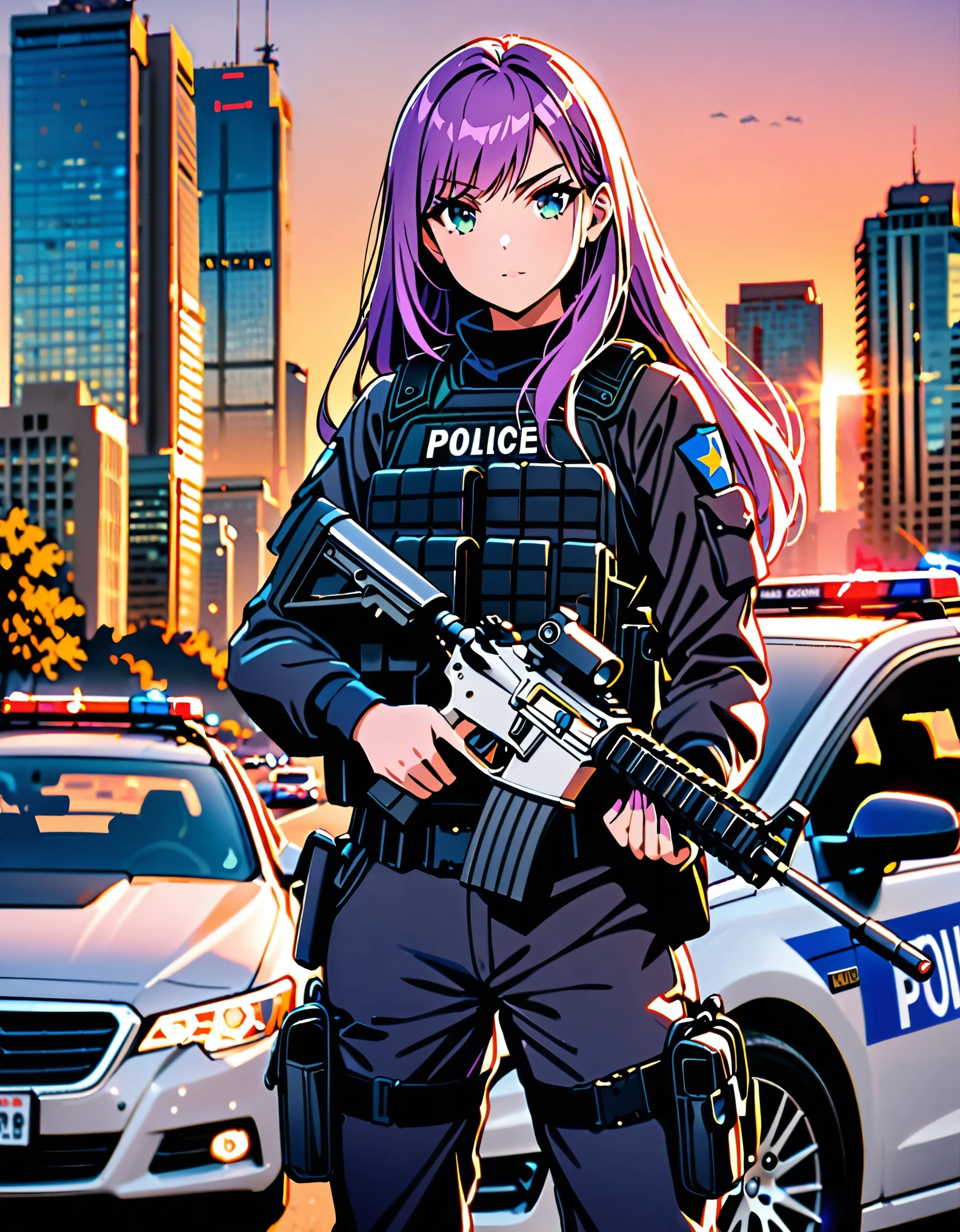 (masterpiece), (best quality), (hires), 1girl, solo focus, canadian police officer, SWAT uniform, SWAT gear, pants, purple hair with blue accents, long hair, greeneyes, perfect hands, complete fingers, (holding weapon, m4 carbine), in front of a patrol car, toronto city backdrop, cowboy shot, sunset, pixel-perfect, detail-perfect, curious look on her face, ultra highres, absurdres, beautiful face, detailed eyes, symmetric eyes, perfect body, good proportions