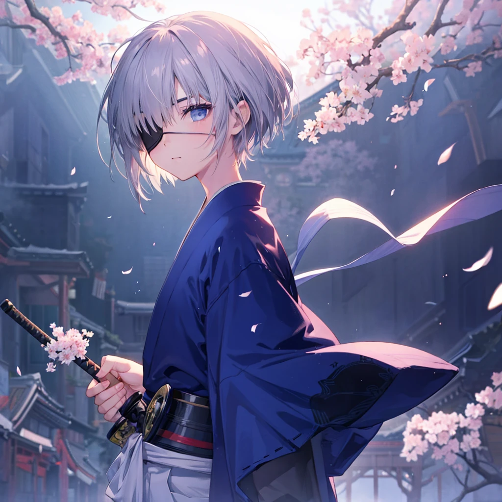 (((1 person　Gray Hair)))　((((Eye patch))))　(((High resolution　short hair　Black kimono)))　((Shoulder　Rin々Funny face　Holding the sheath and preparing the sword))　((Black Band　samurai　Lonely　despair　blue eyes　Pull camera))　((Blue Butterfly　night　Japanese style　old　Cherry Blossom Garden　water surface　Catch the wind　Scattering cherry blossom petals))　((Japanese sword　Two-Way　Slashing　Bathed in light))　((Sword Reflection　Pink light))　月night　moonlight　star　Draw your sword　Shining Background　Shining Edge