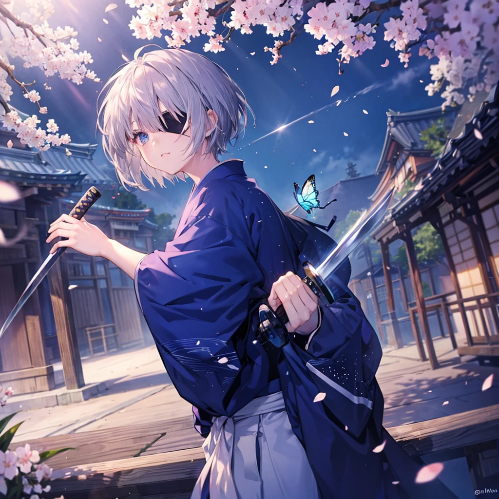 (((1 person Gray Hair))) ((((Eye patch)))) (((High resolution short hair Black kimono))) ((Shoulder Rin々Funny face Holding the sheath and preparing the sword)) ((Black Band samurai Lonely despair blue eyes Pull camera)) ((Blue Butterfly night Japanese style old Cherry Blossom Garden water surface Catch the wind Scattering cherry blossom petals)) ((Japanese sword Two-Way Slashing Bathed in light)) ((Sword Reflection Pink light)) 月night moonlight star Draw your sword Shining Background Shining Edge