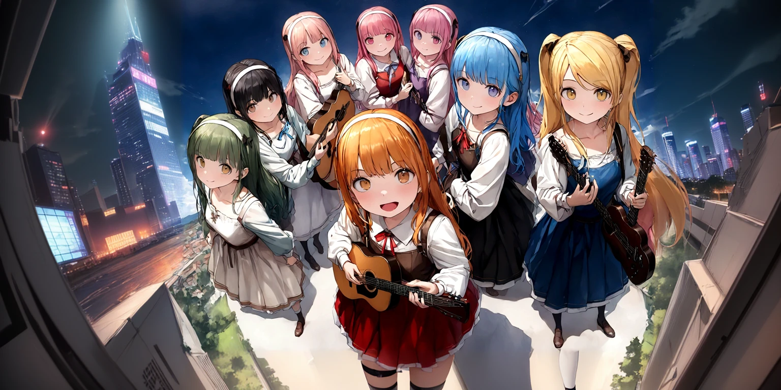 Anime Girls with guitars and a guitar in front of a city, Anime Girls, hochangeve, Exciting Literature Club, Anime Moe Art Style, change, Kantai Collection Style, Nightcore, Visual novel key visual, Vocaloid, Visual Novel CG, Happy!!!, Best anime 4k konachan wallpaper, Anime Style 4k, Zerochan Art