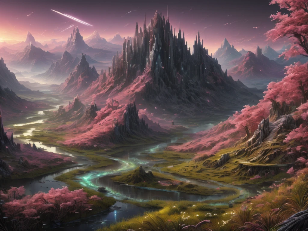 ((best quality)), ((masterpiece)), ((realistic,digital art)), (hyper detailed),DonMR0s30rd3r Mythical Landscapes Hiking Path,Valley,Dawn,Marsh Birds, octane rendering, raytracing, volumetric lighting, Backlit,Rim Lighting, 8K, HDR