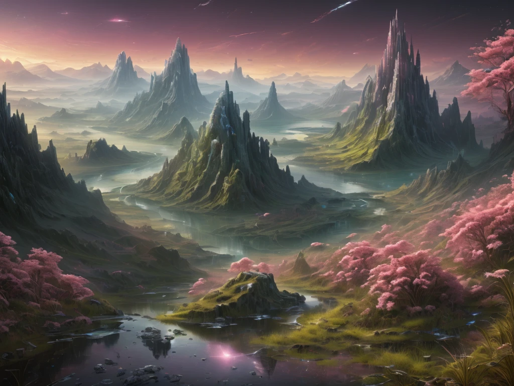 ((best quality)), ((masterpiece)), ((realistic,digital art)), (hyper detailed),DonMR0s30rd3r  Mythical Landscapes Hiking Path,Valley,Dawn,Marsh Birds, octane rendering, raytracing, volumetric lighting, Backlit,Rim Lighting, 8K, HDR 